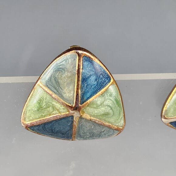 Jordache 1980s Clip On Earrings Blue Green & Aqua Enamel Triangle Shape New VTG - Picture 5 of 8